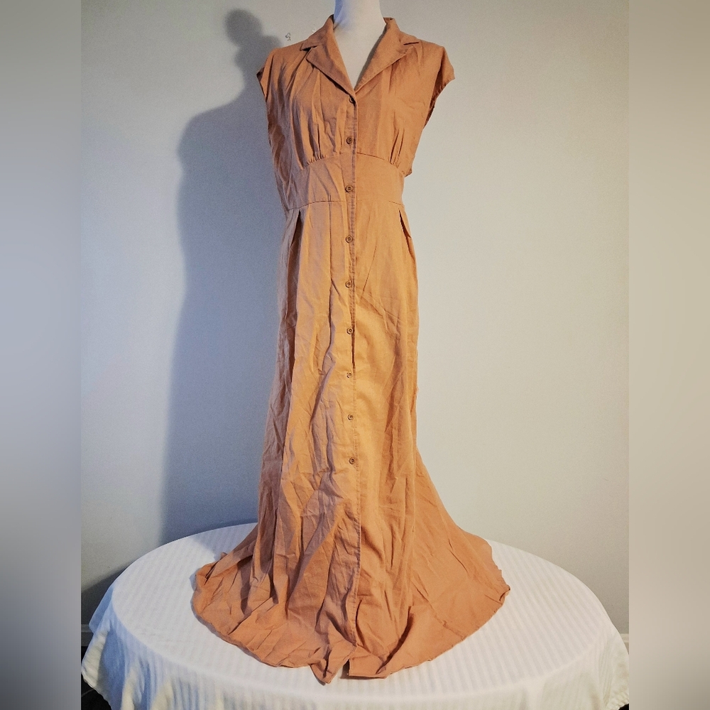 Linen Blend Tan Button-Down Maxi Dress Size 2X - NWOT